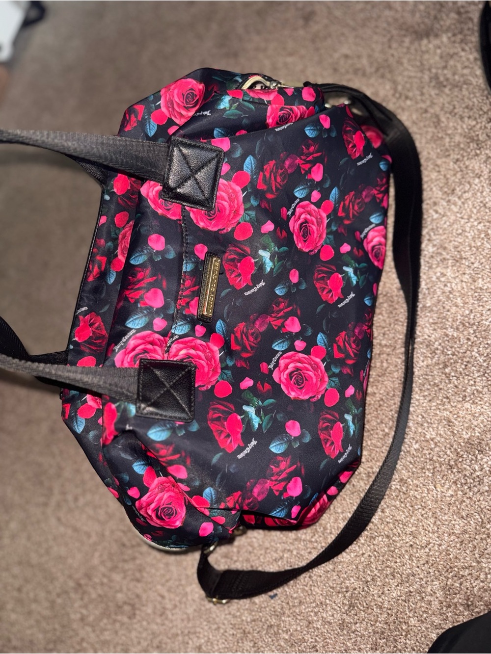 Juicy Couture Black Shoulder Tote with Pink Rose Print - Picture 1 of 4